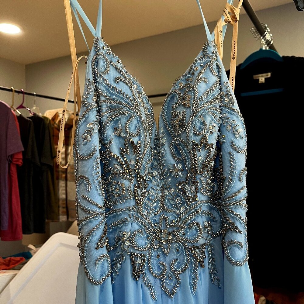 Faviana Designer Baby Blue Prom Dress